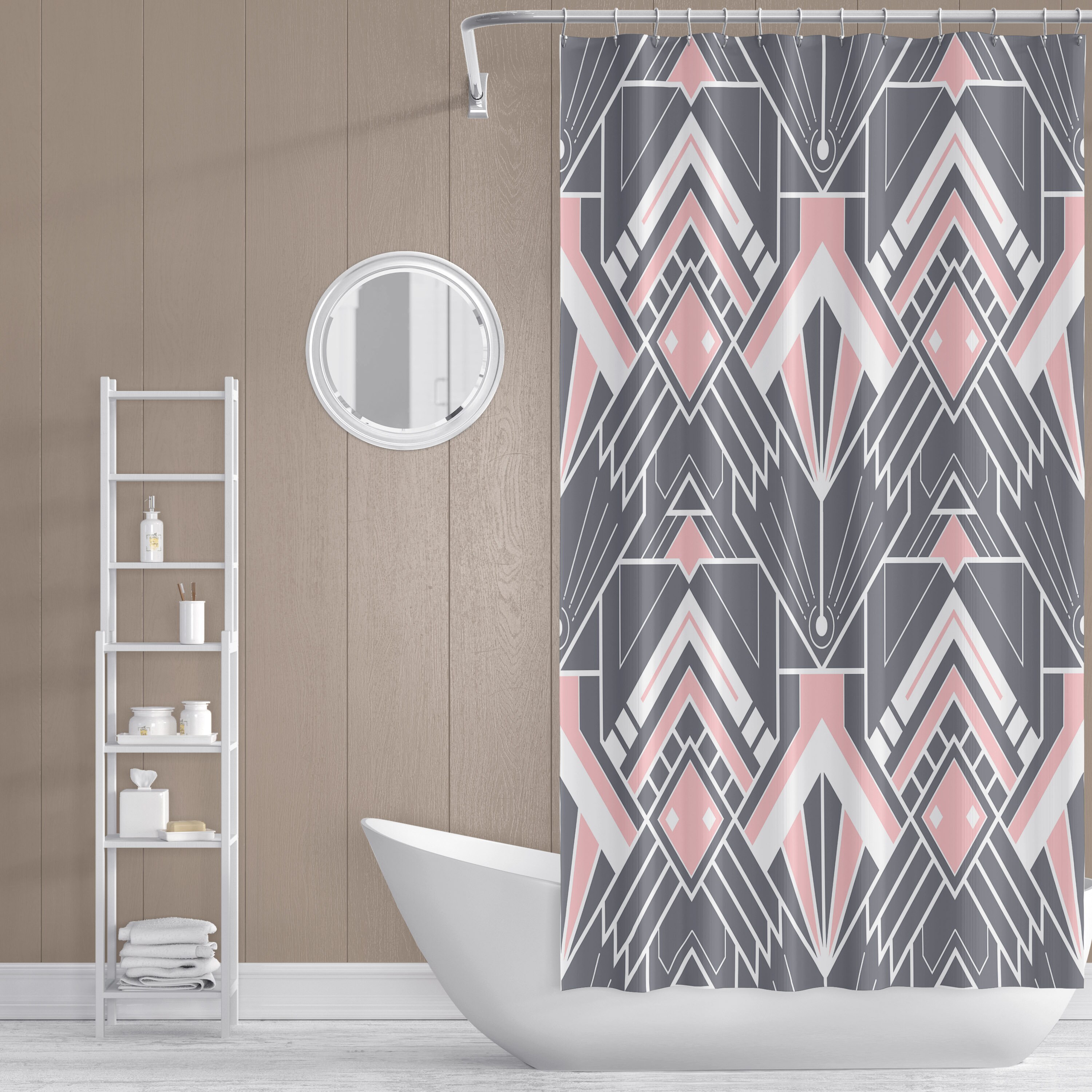 Geometric Gray and Pink Print Shower Curtain for Modern Art Deco Bathroom Decor