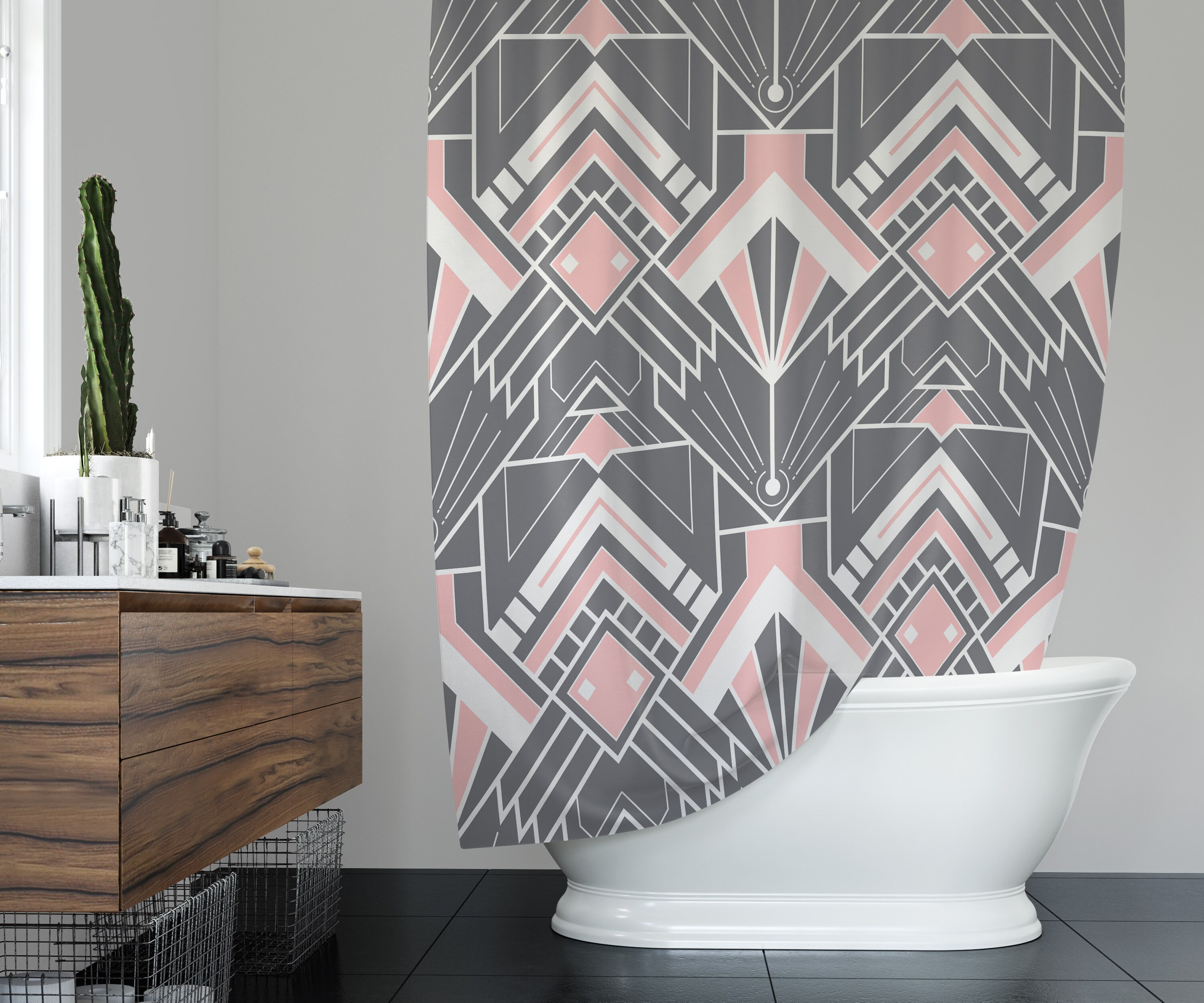 Geometric Gray and Pink Print Shower Curtain for Modern Art Deco Bathroom Decor