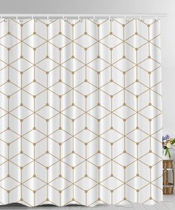 Geometric Grid Graphic Golden Hexagon Print Shower Curtain For Bathroom Decor