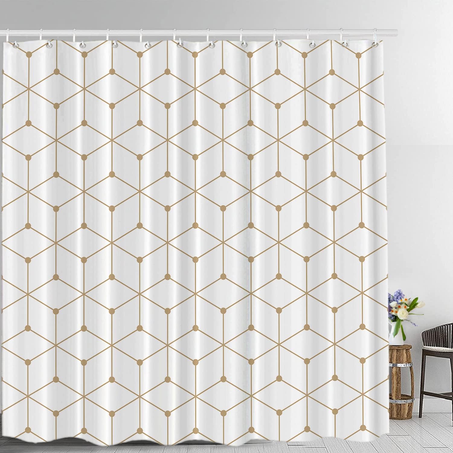 Geometric Grid Graphic Golden Hexagon Print Shower Curtain For Bathroom Decor