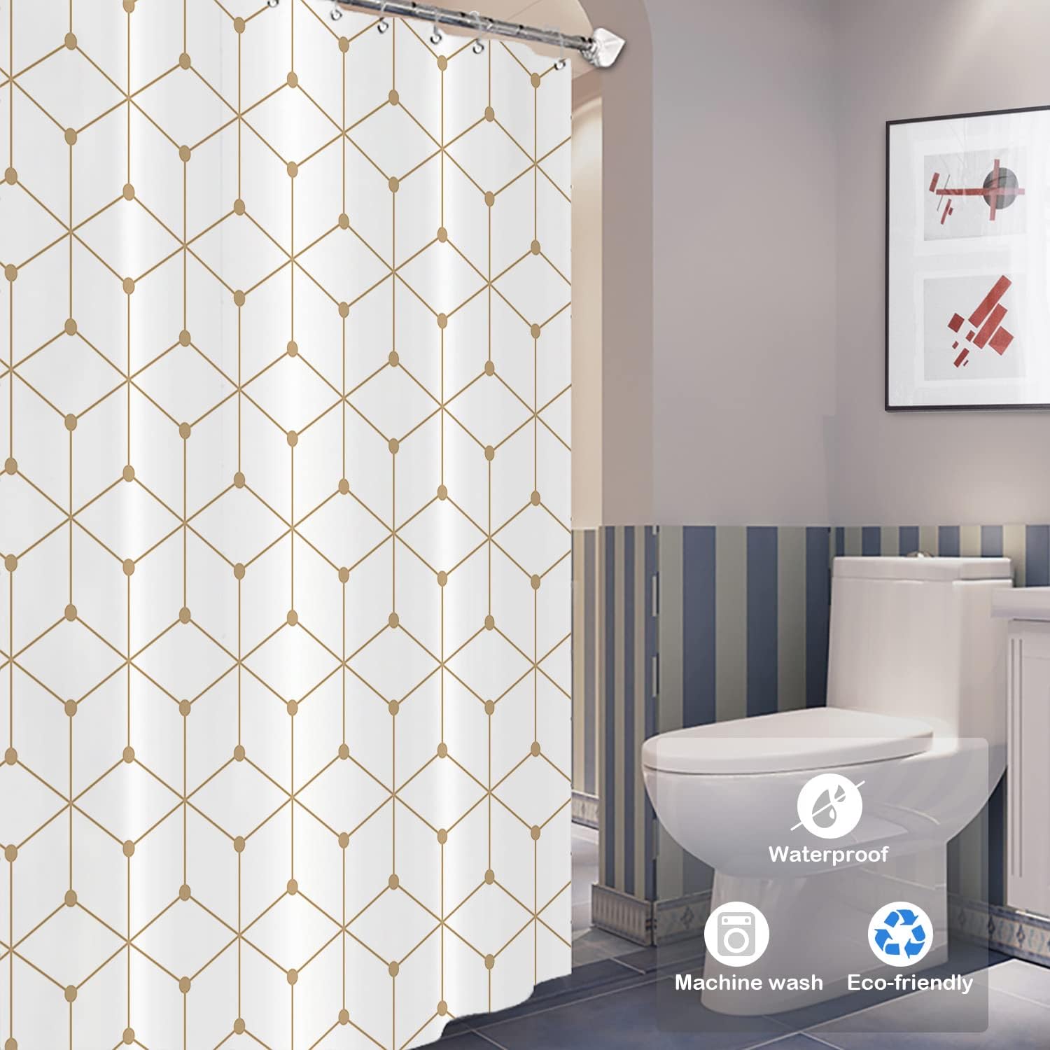 Geometric Grid Graphic Golden Hexagon Print Shower Curtain For Bathroom Decor - Image 2