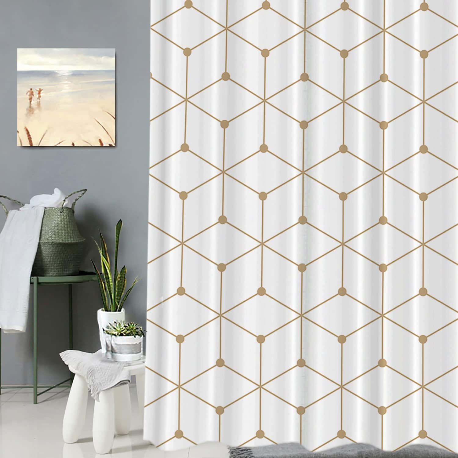 Geometric Grid Graphic Golden Hexagon Print Shower Curtain For Bathroom Decor - Image 3