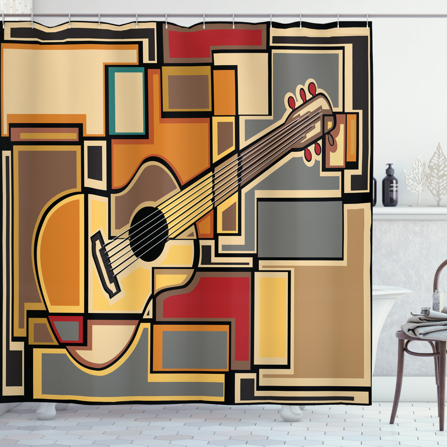 Geometric Guitar Funky Print Music Shower Curtain for Bathroom