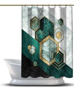 Geometric Hexagonal Shapes Shower Curtain With A Marmor Green Twist For A Polished Bathroom