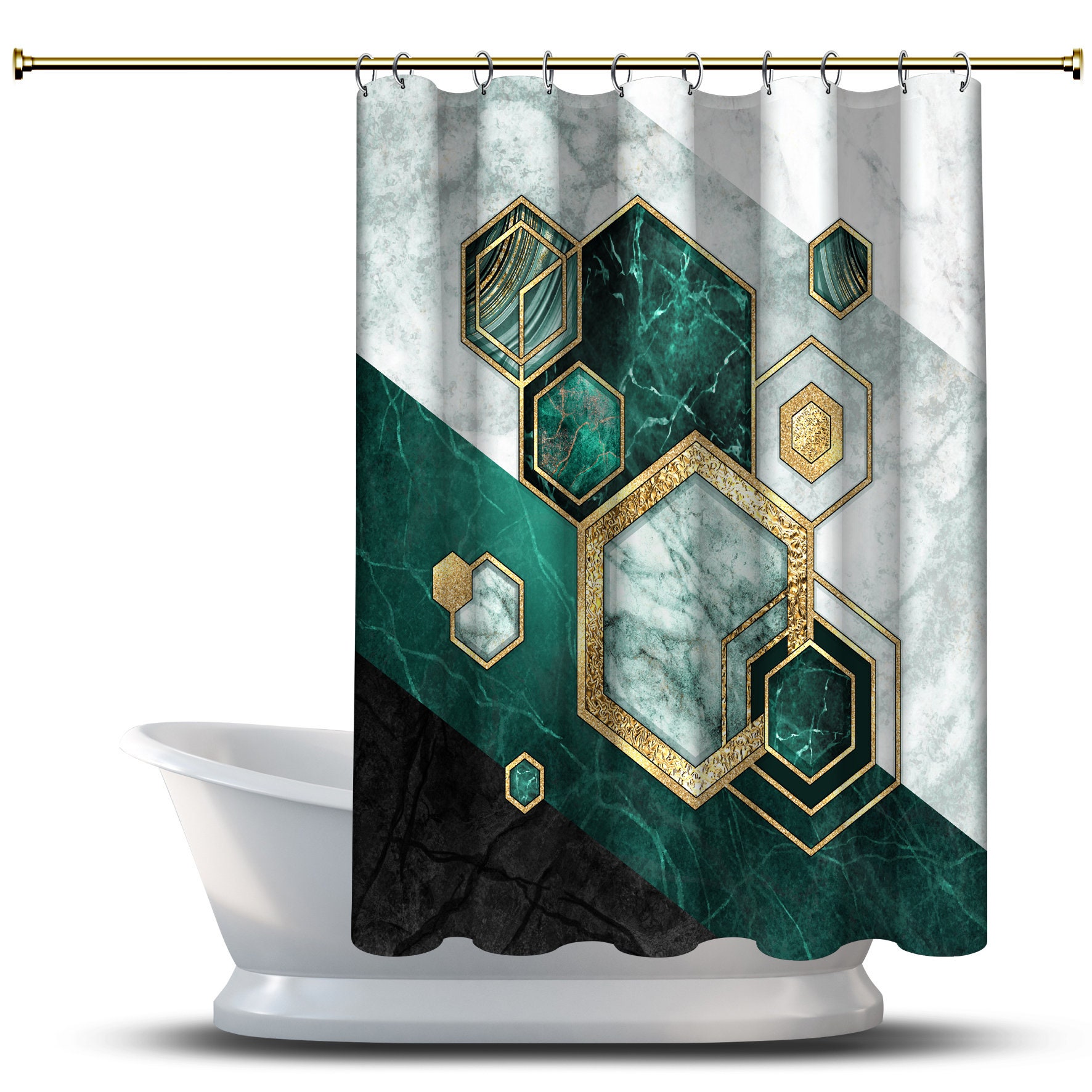Geometric Hexagonal Shapes Shower Curtain With A Marmor Green Twist For A Polished Bathroom