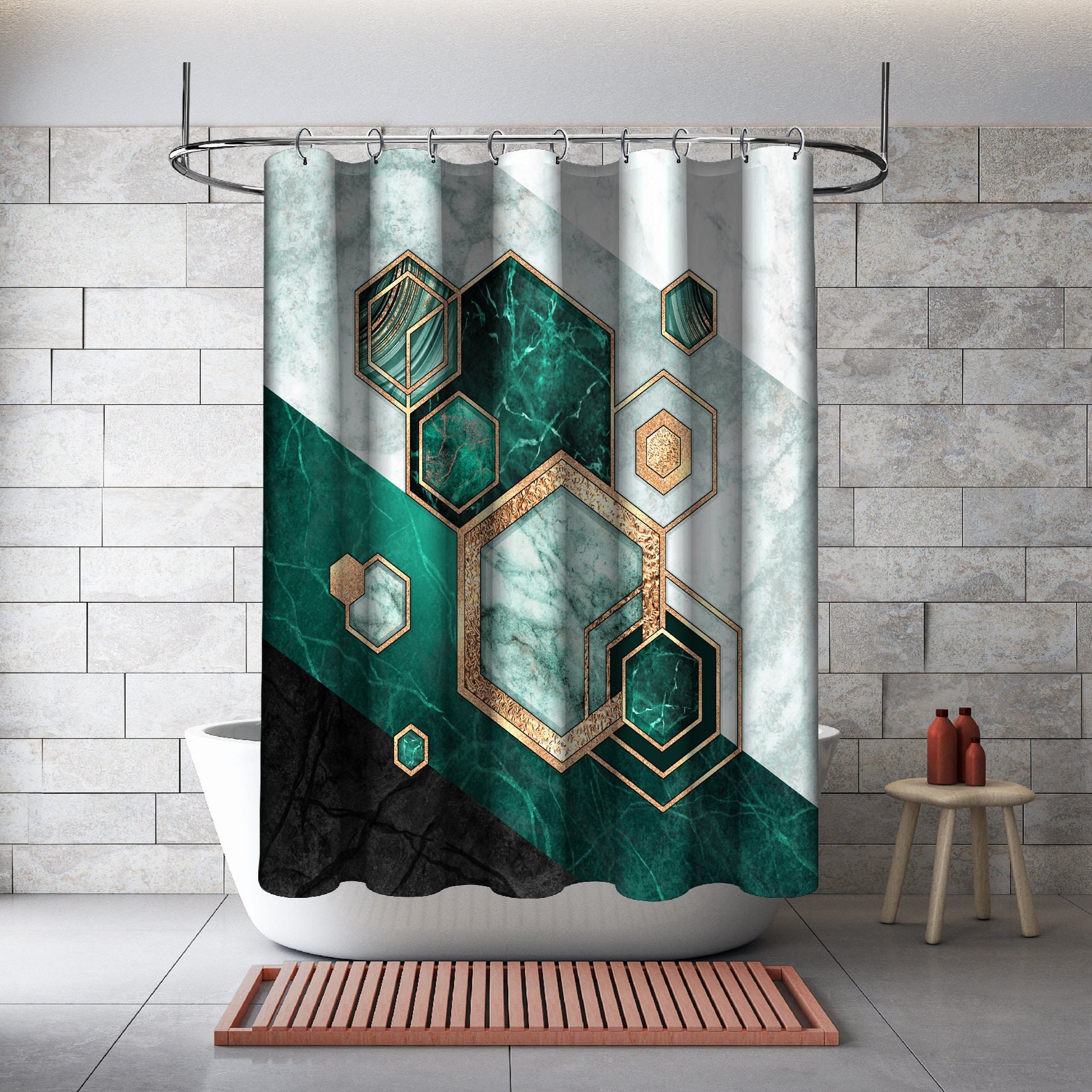 Geometric Hexagonal Shapes Shower Curtain With A Marmor Green Twist For A Polished Bathroom - Image 2