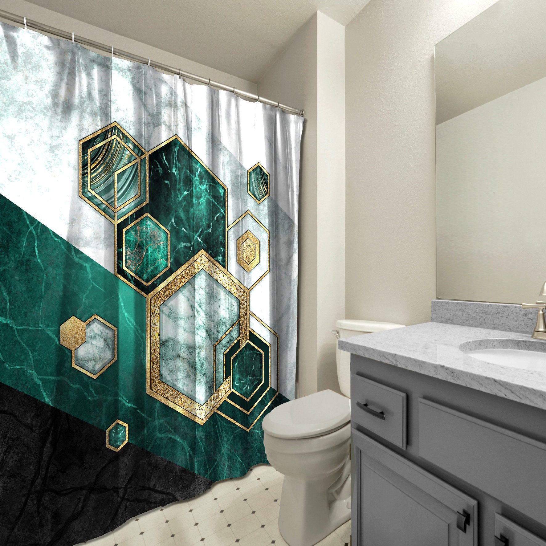 Geometric Hexagonal Shapes Shower Curtain With A Marmor Green Twist For A Polished Bathroom - Image 3