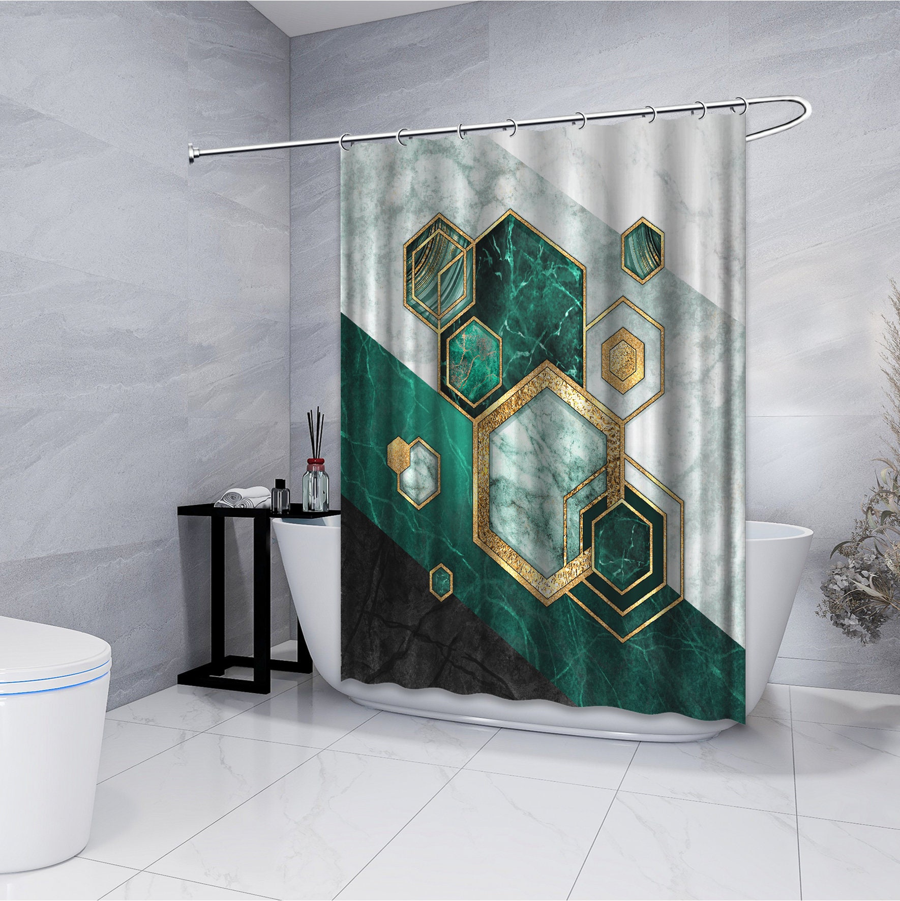 Geometric Hexagonal Shapes Shower Curtain With A Marmor Green Twist For A Polished Bathroom - Image 4