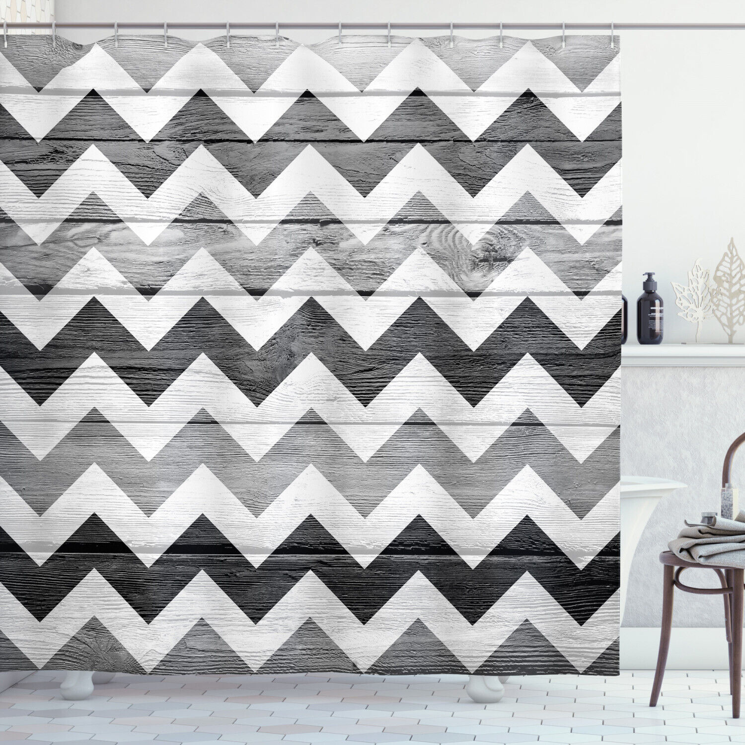Geometric Illustration Wood Shower Curtain, Chevron Design Bathroom Decor