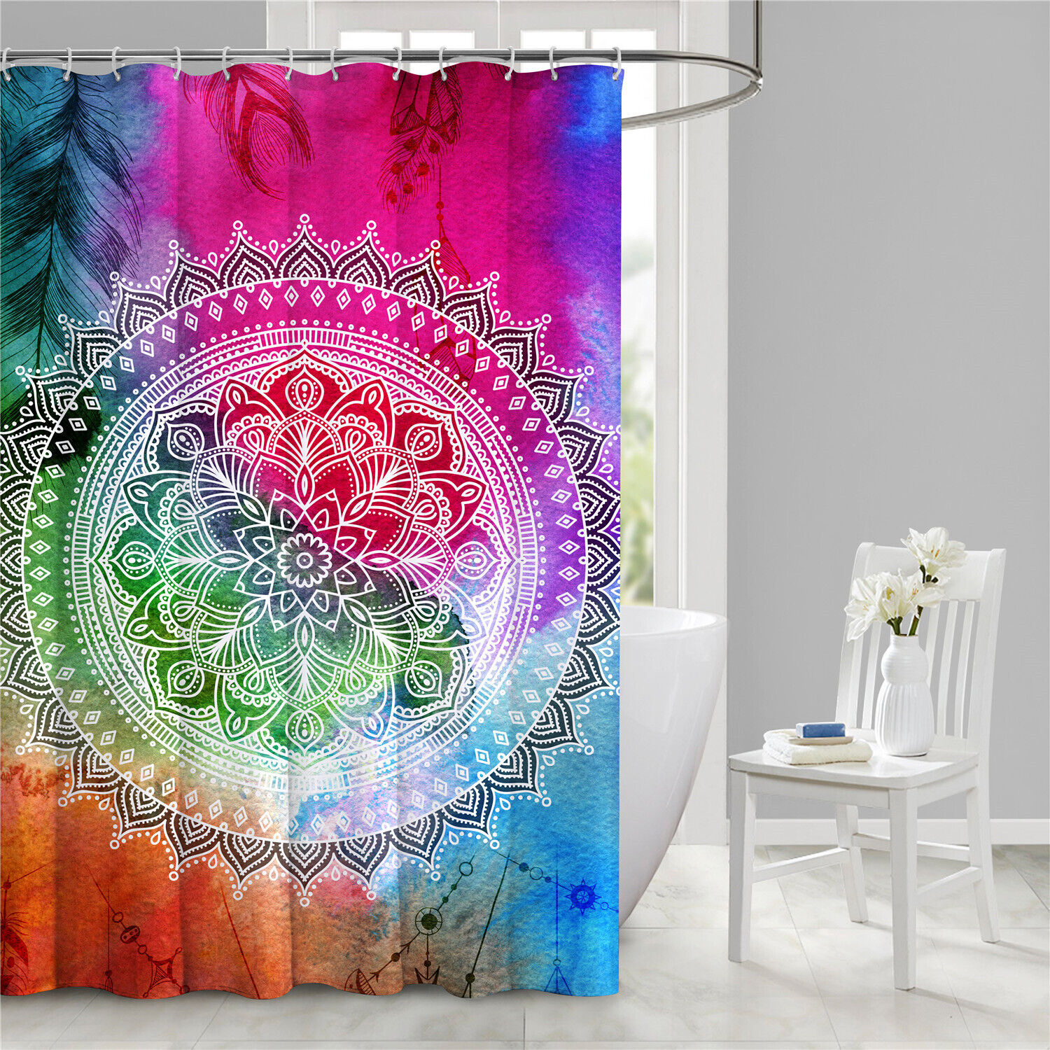 Geometric Leaves Mandala Pattern Shower Curtain for Bathroom Decoration