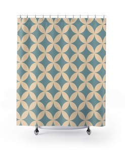 Geometric Mid Century Shower Curtain with Soft Turquoise and Cream Coastal Color Scheme for a Modern Bath Update