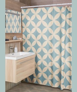Geometric Mid Century Shower Curtain with Soft Turquoise and Cream Coastal Color Scheme for a Modern Bath Update