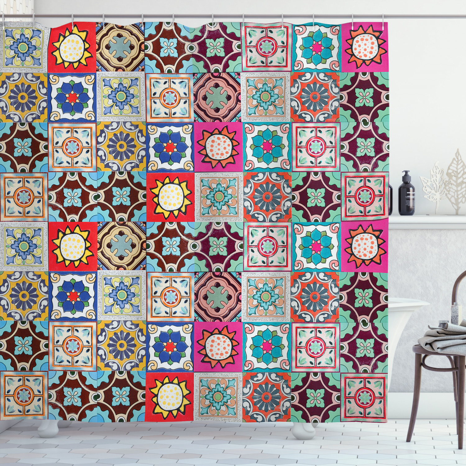 Geometric Mosaic Tiles Print Colorful Shower Curtain For Modern Bathroom Aesthetic