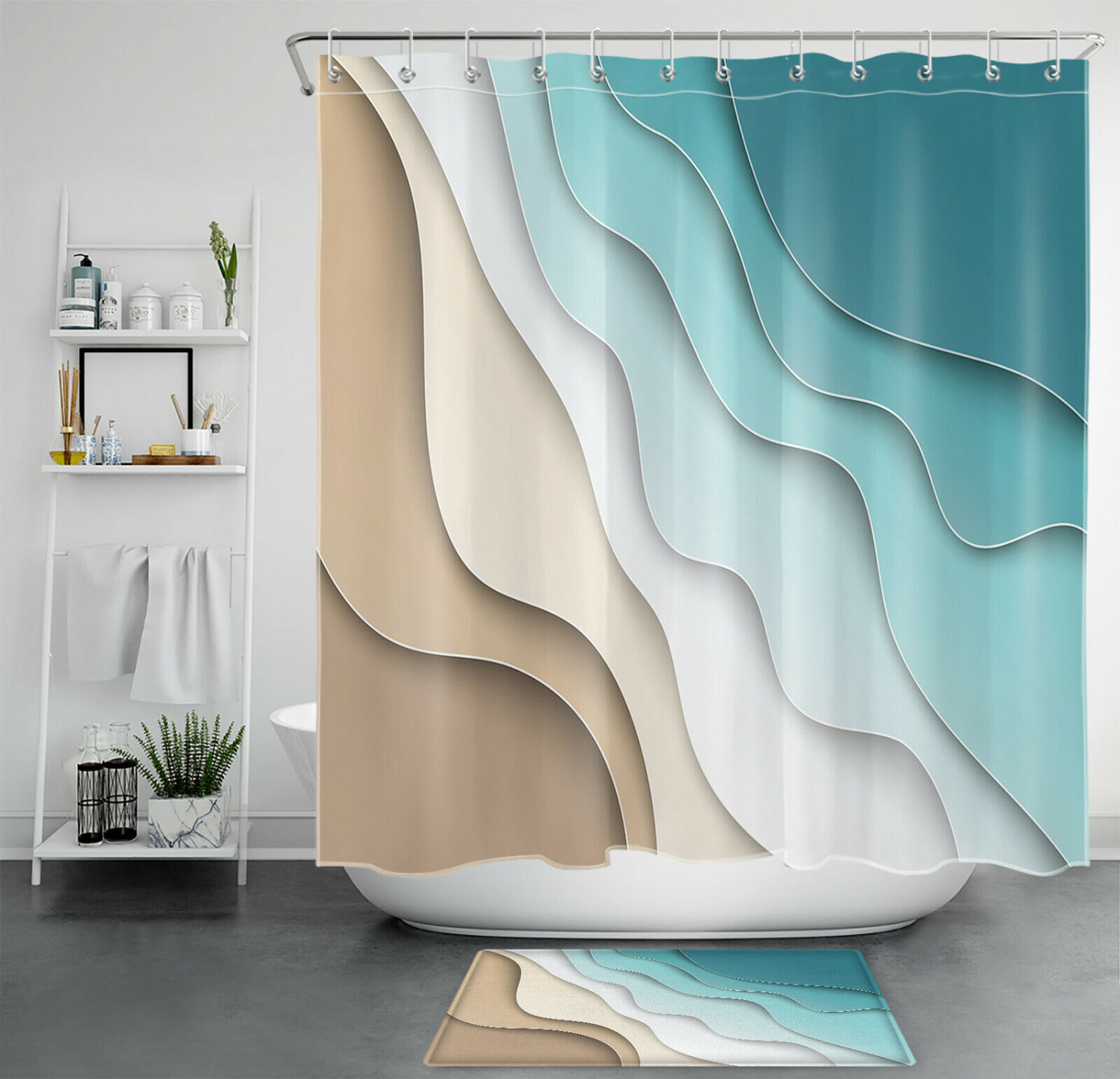 Geometric Ocean Beach Ombre Restroom Shower Curtain For Nautical Bathroom Decor