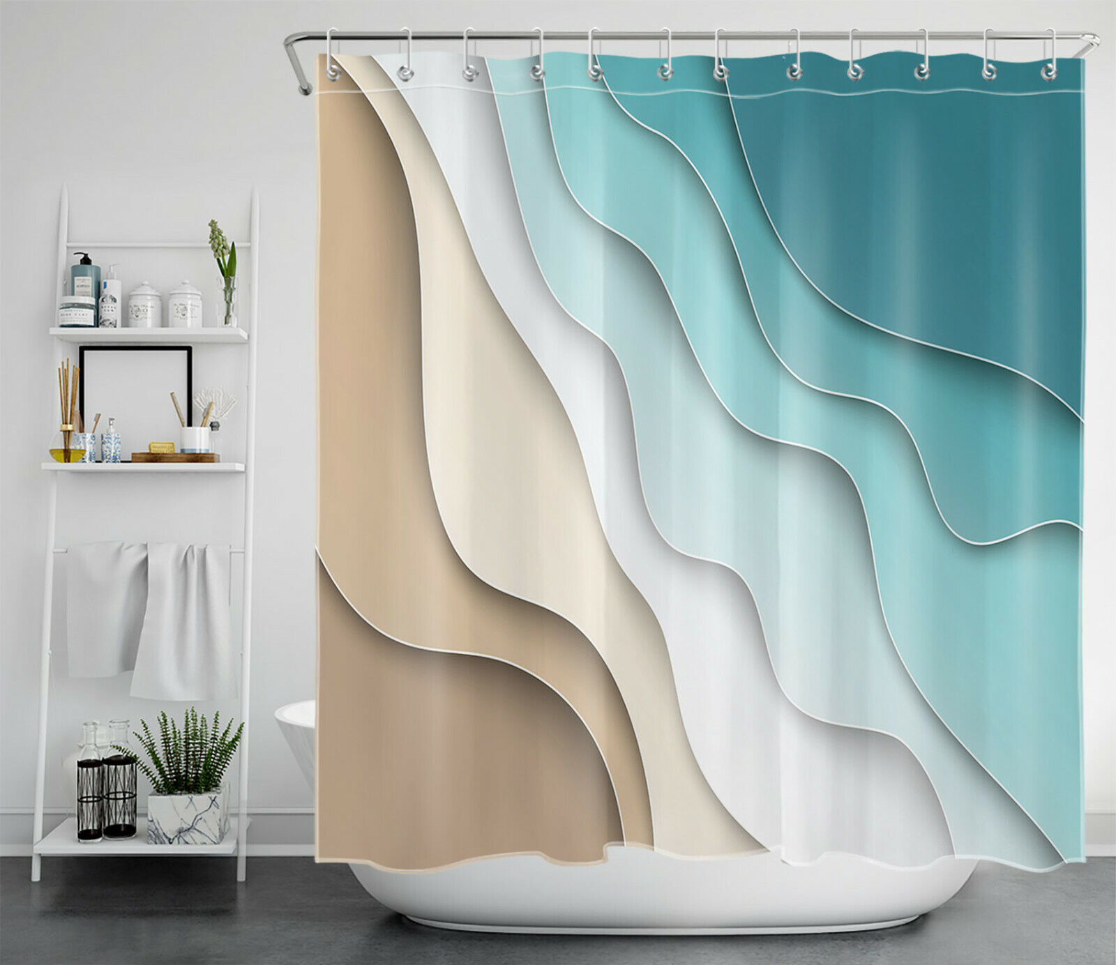 Geometric Ocean Beach Ombre Restroom Shower Curtain For Nautical Bathroom Decor - Image 2