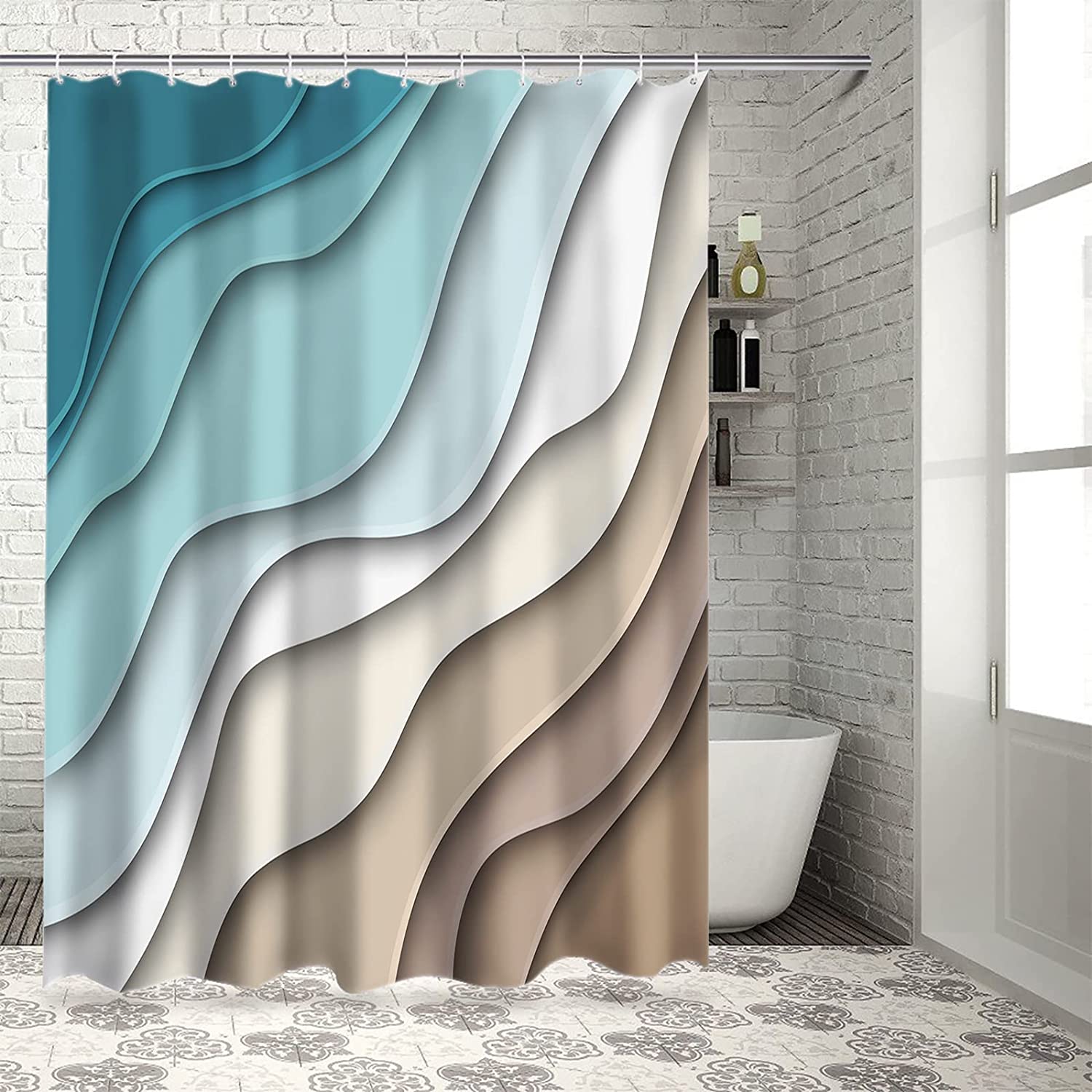 Geometric Ocean Luxury Shower Curtains With Microfiber Accents, Machine Washable - Image 2