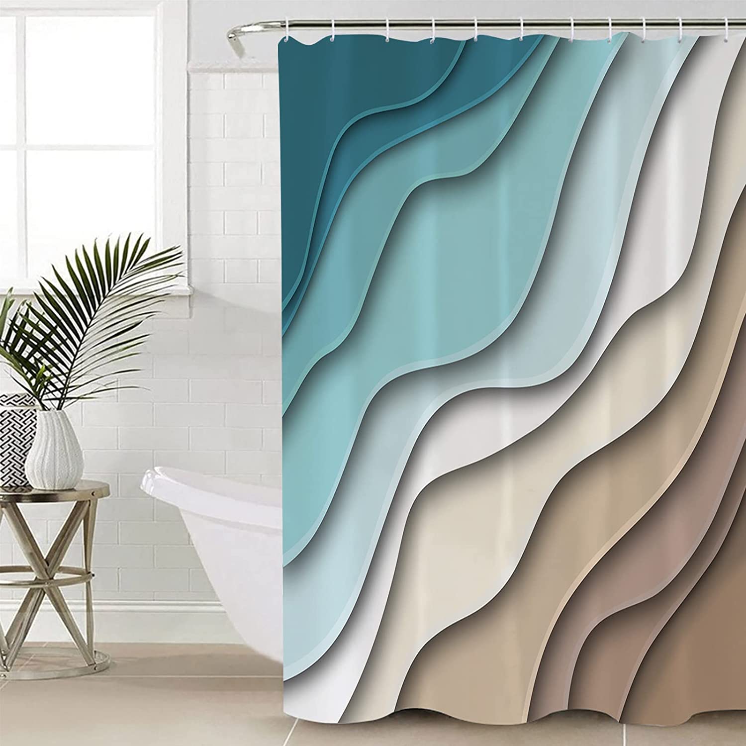 Geometric Ocean Luxury Shower Curtains With Microfiber Accents, Machine Washable - Image 3