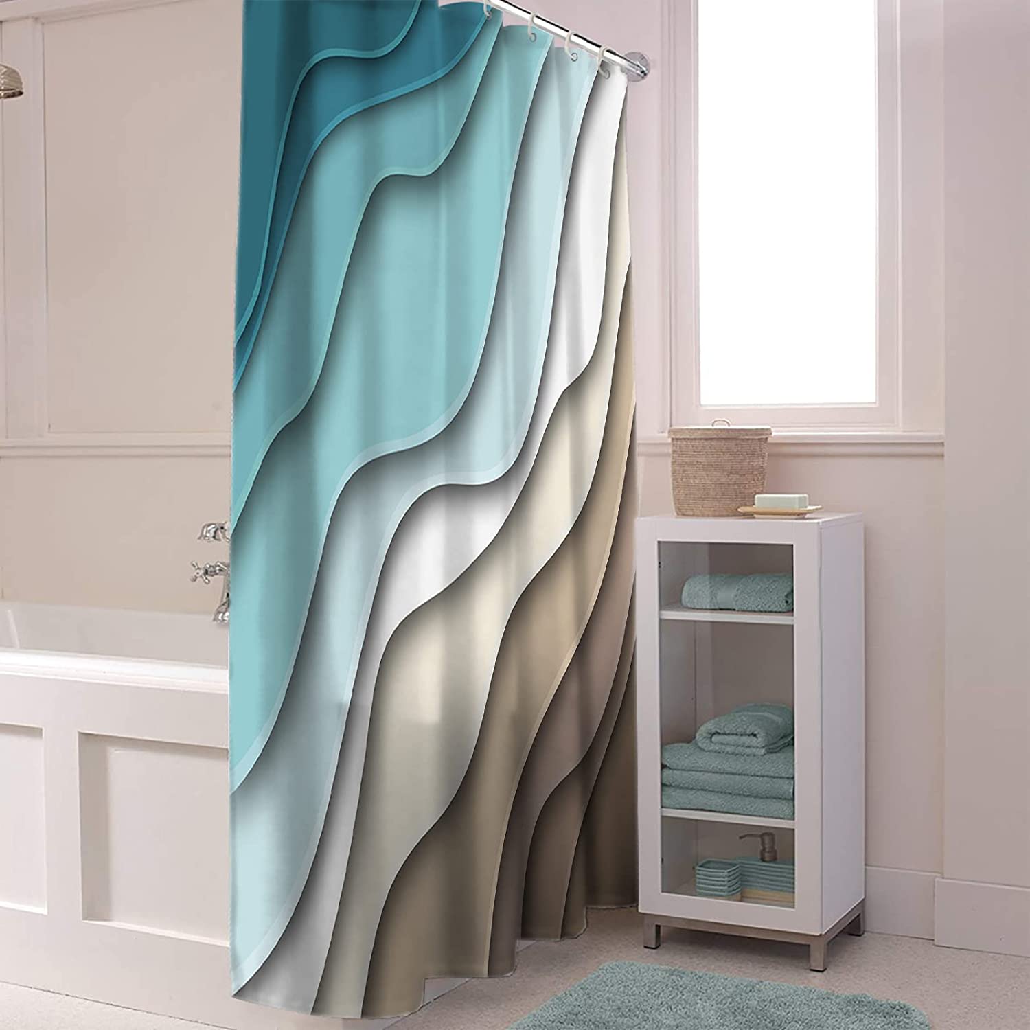 Geometric Ocean Luxury Shower Curtains With Microfiber Accents, Machine Washable - Image 4