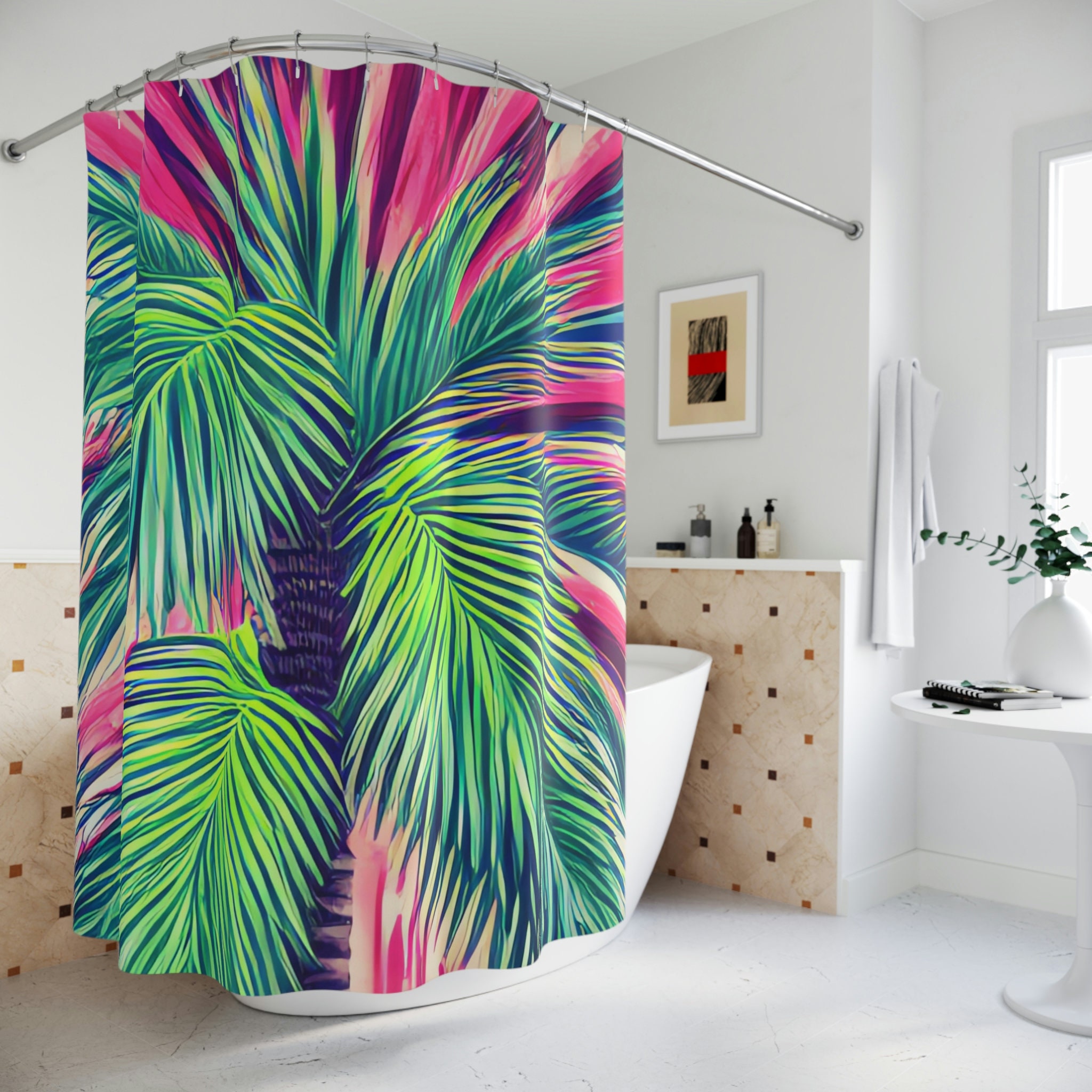 Geometric Palm Trees Botanical Lavender Shower Curtain for Tropical Bathroom