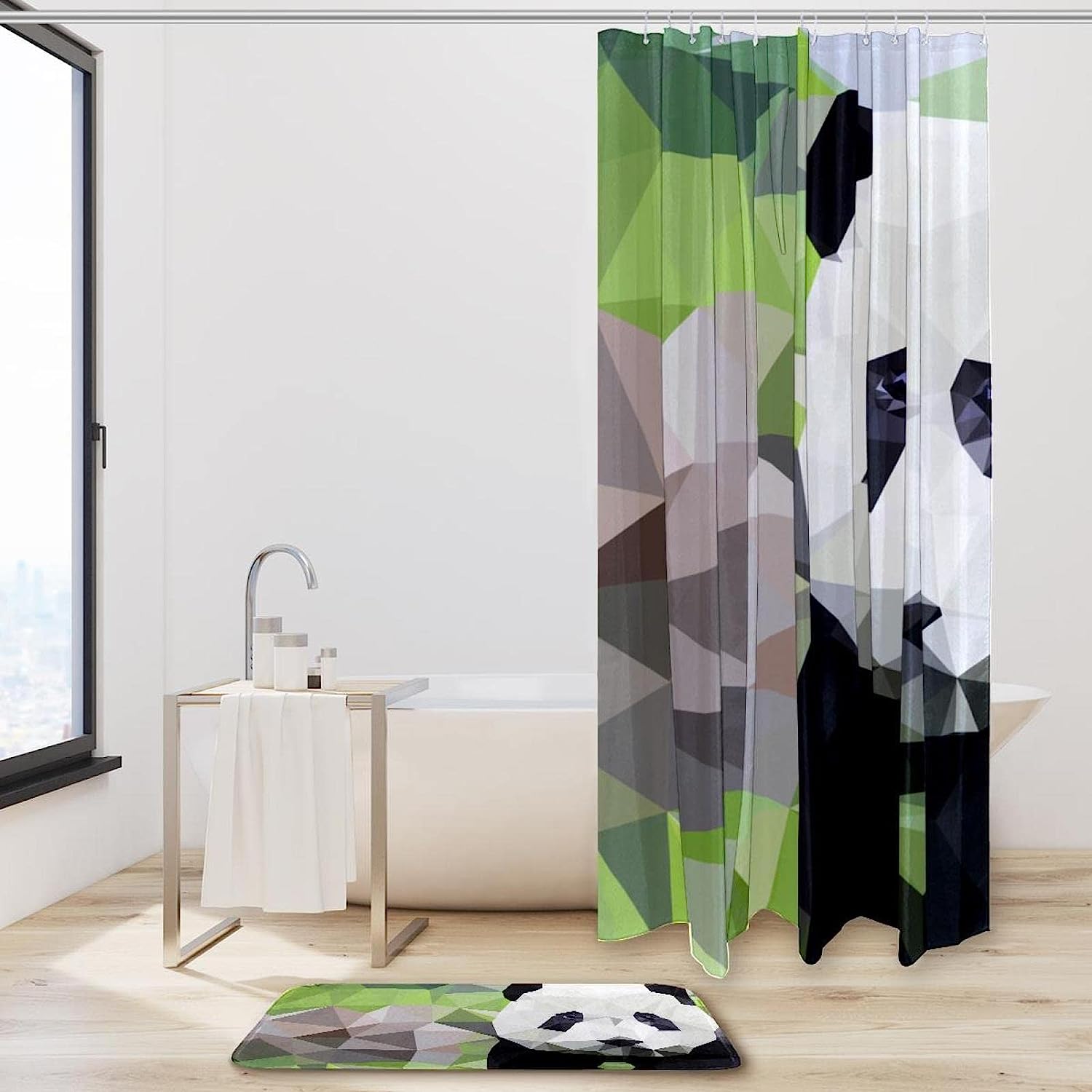 Geometric Panda Bear Shower Curtain - Cute Animal Bathroom Decor