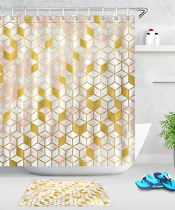 Geometric Pattern Blocks Checkered Gold And Pink Shower Curtain, Perfect For Bathroom Decor