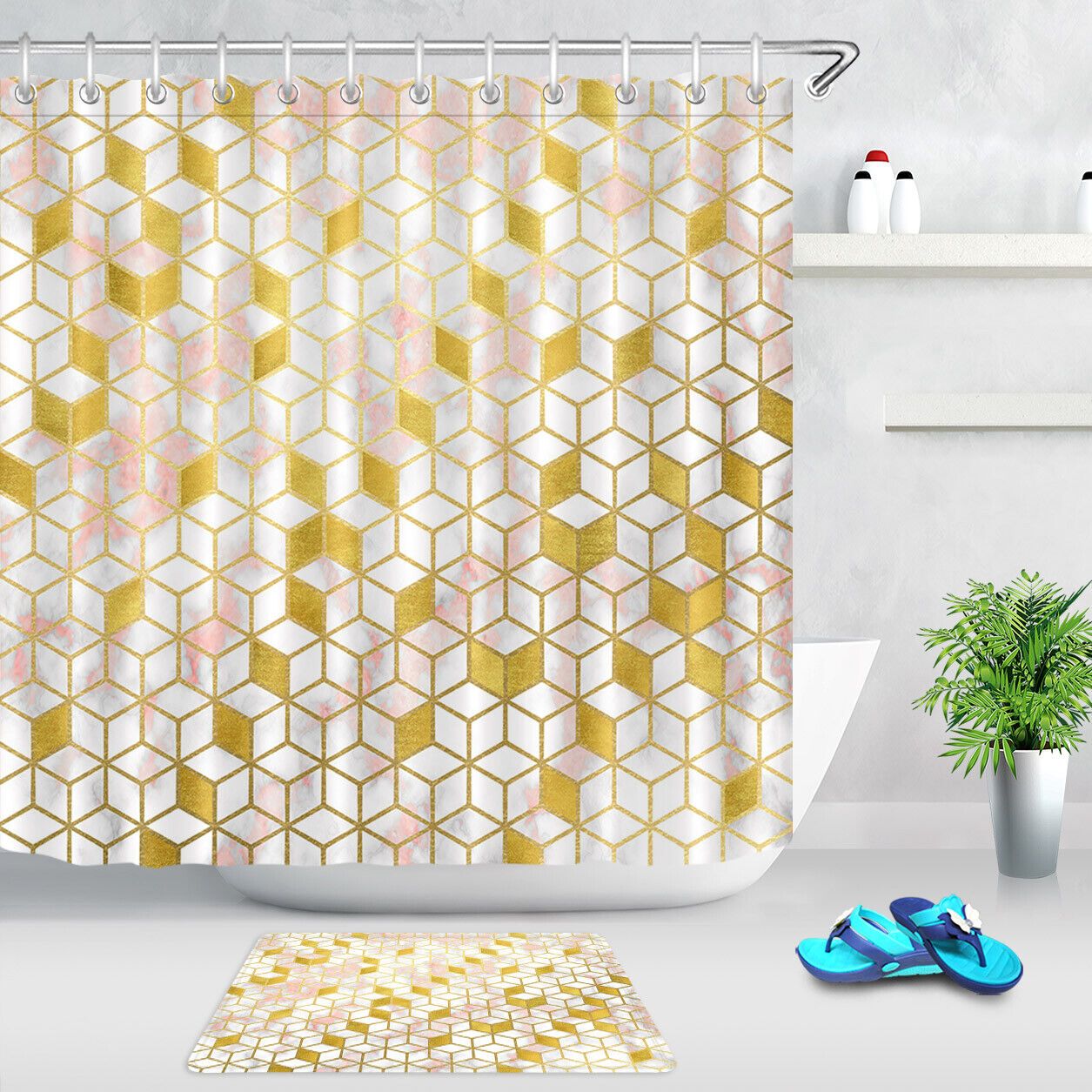 Geometric Pattern Blocks Checkered Gold And Pink Shower Curtain, Perfect For Bathroom Decor