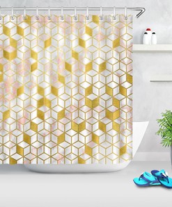 Geometric Pattern Blocks Checkered Gold And Pink Shower Curtain, Perfect For Bathroom Decor