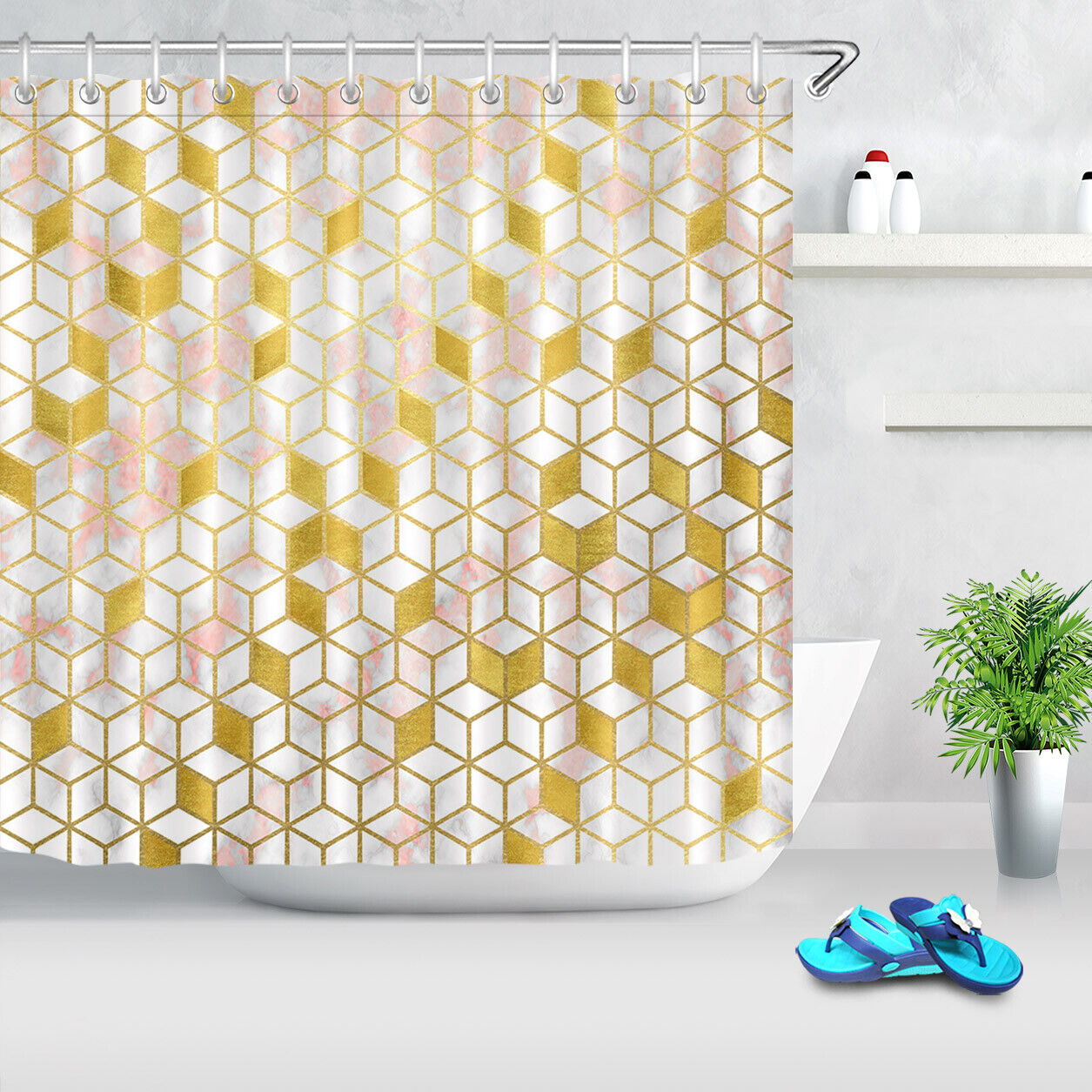 Geometric Pattern Blocks Checkered Gold And Pink Shower Curtain, Perfect For Bathroom Decor