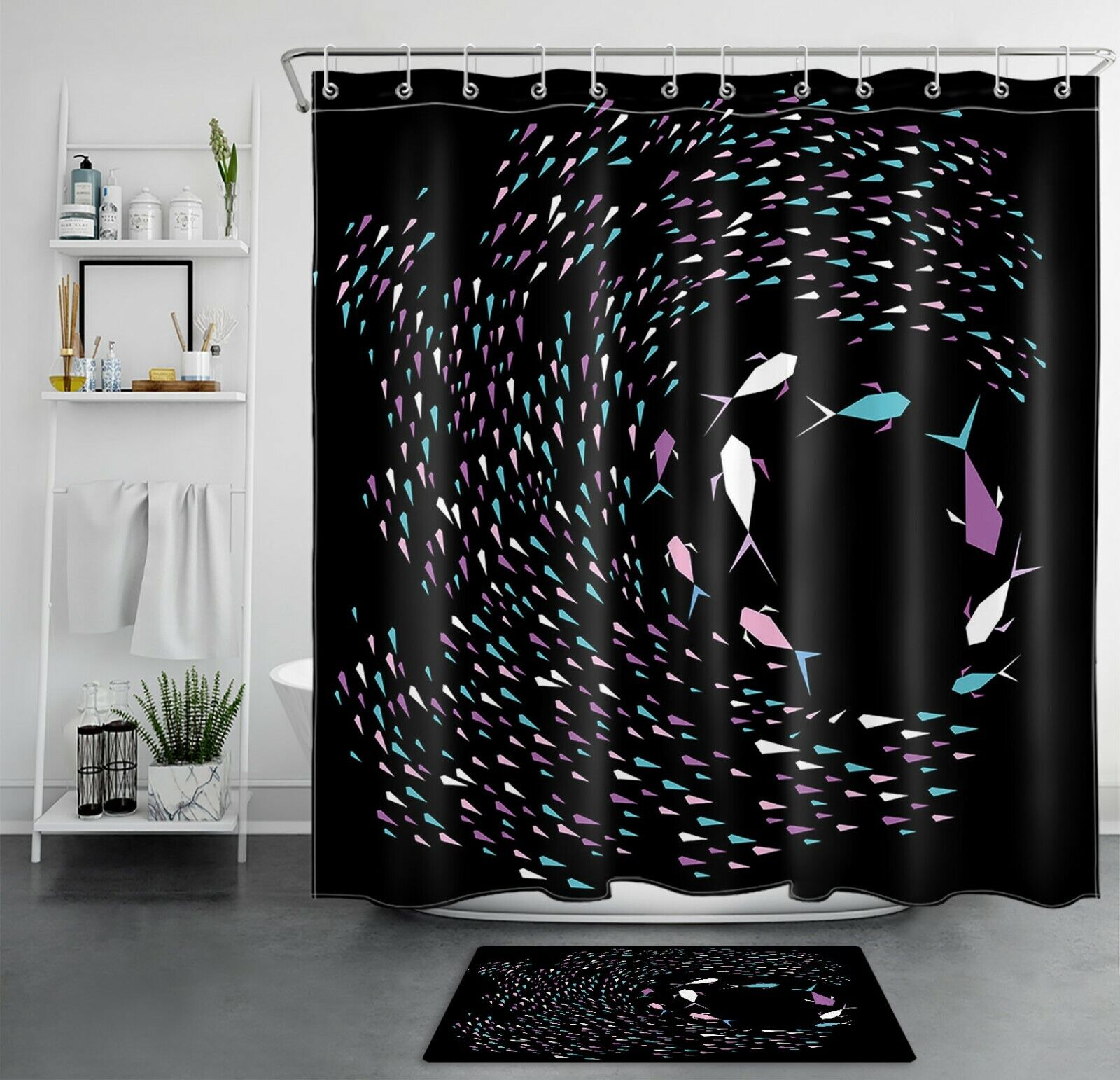 Geometric Pattern Fish Ocean Unique Shower Curtain For Nautical Bathroom Decor