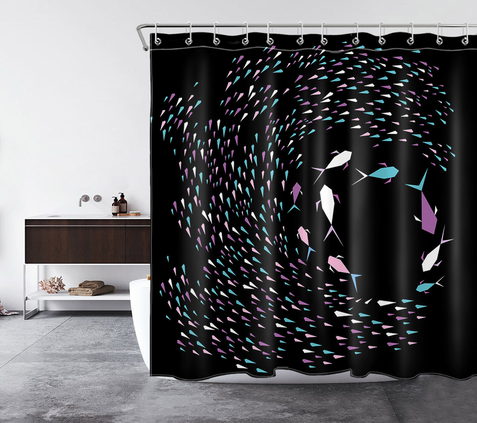 Geometric Pattern Fish Ocean Unique Shower Curtain For Nautical Bathroom Decor - Image 2