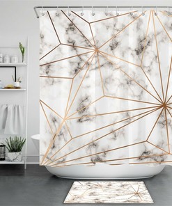 Geometric Pattern Marble Texture Gold Shower Curtain, Perfect For Modern Bathroom Accessory