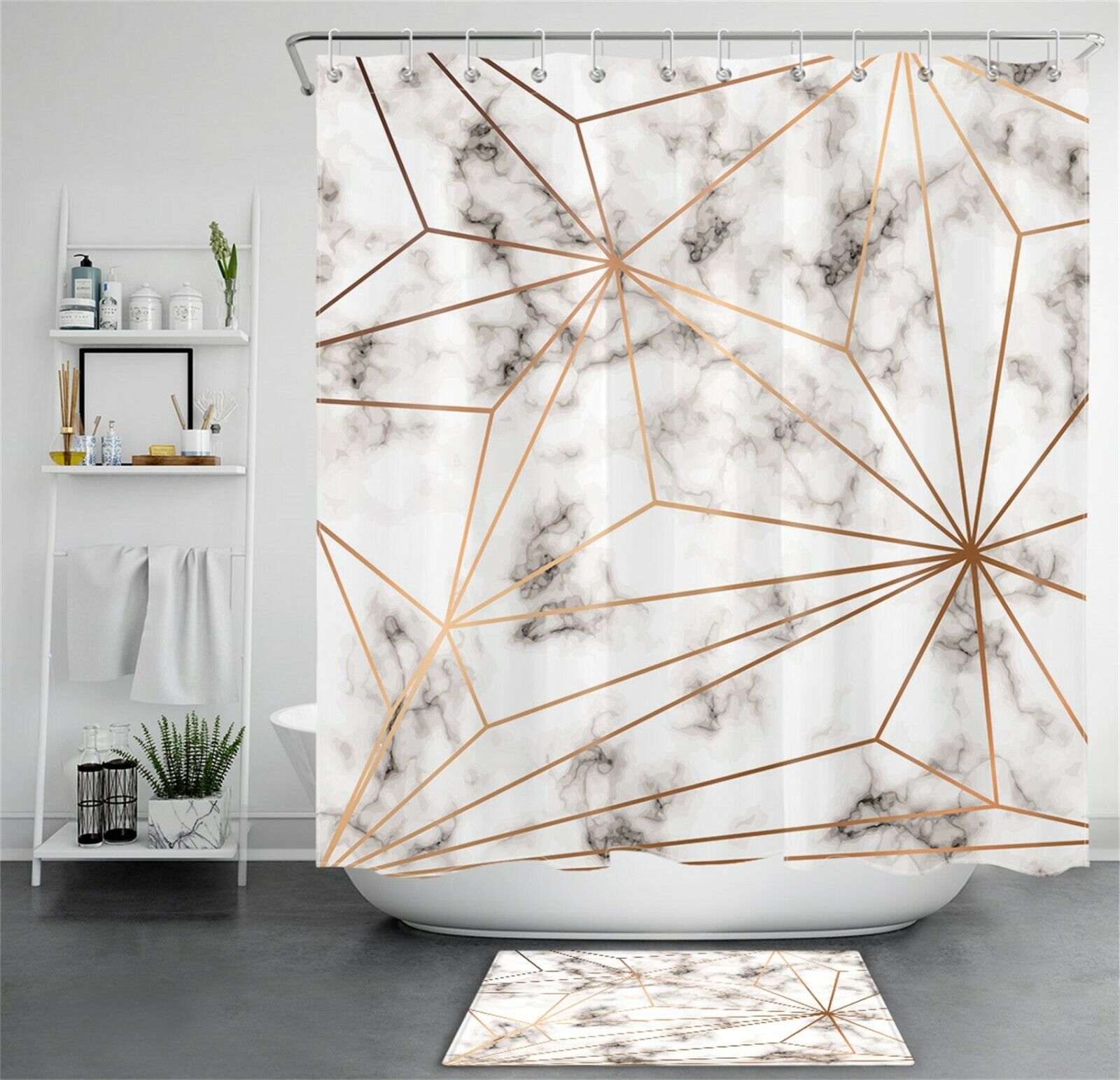 Geometric Pattern Marble Texture Gold Shower Curtain, Perfect For Modern Bathroom Accessory