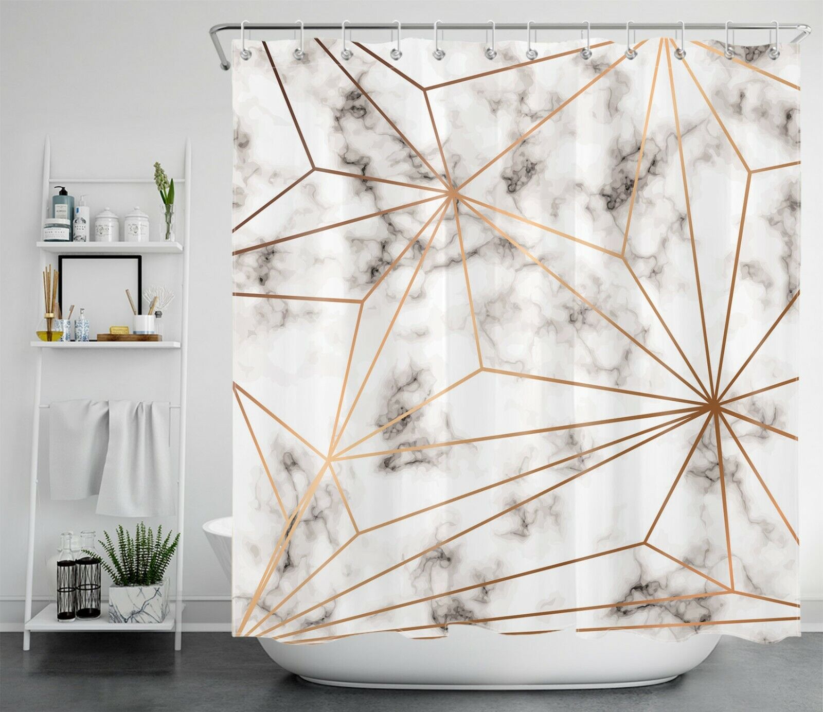 Geometric Pattern Marble Texture Gold Shower Curtain, Perfect For Modern Bathroom Accessory