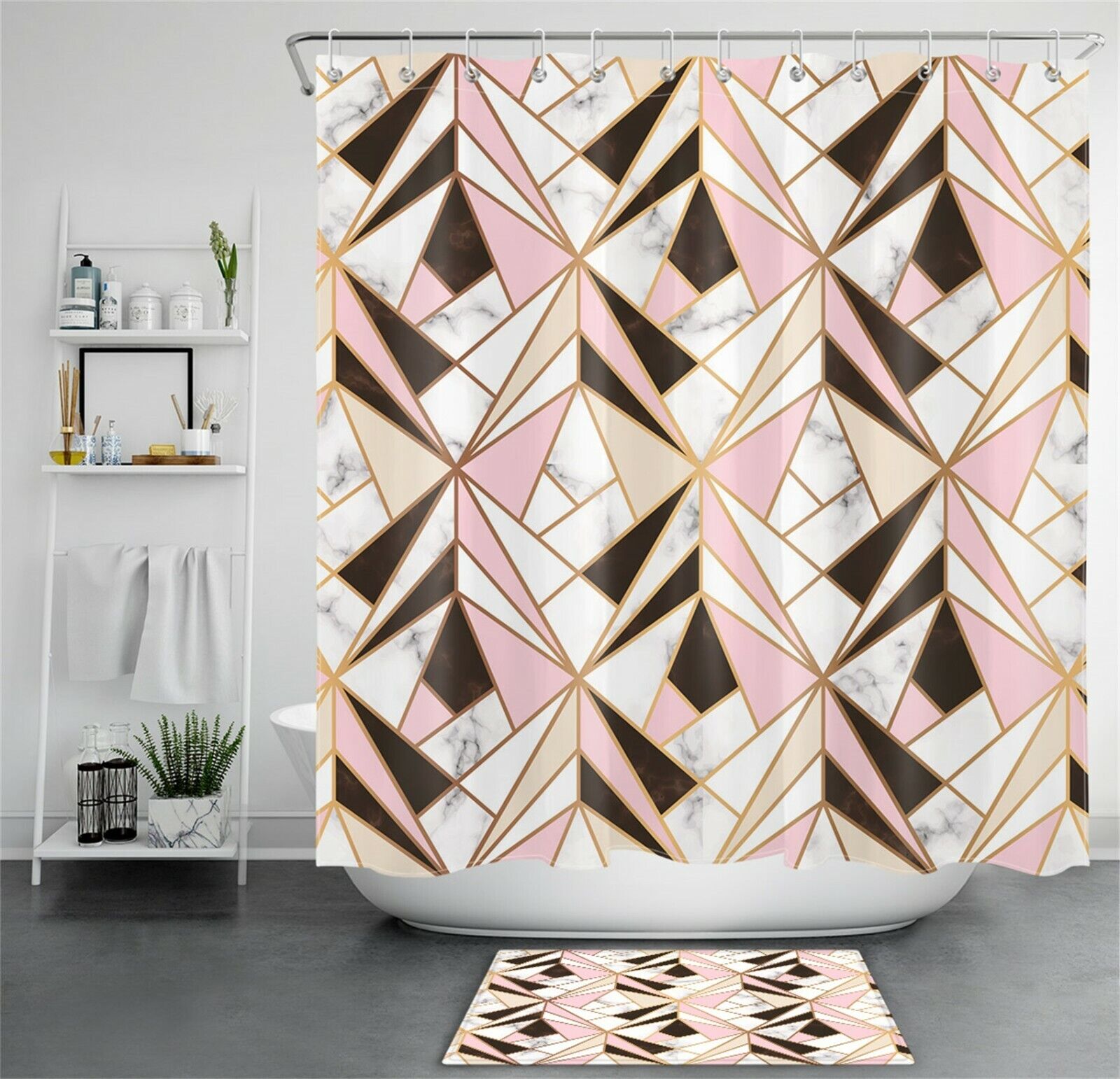 Geometric Pattern Marble Texture Shower Curtain For Modern Bathroom Decor