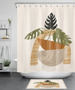 Geometric Pattern Monstera Mid-Century Style Shower Curtain for a Modern Bathroom Look