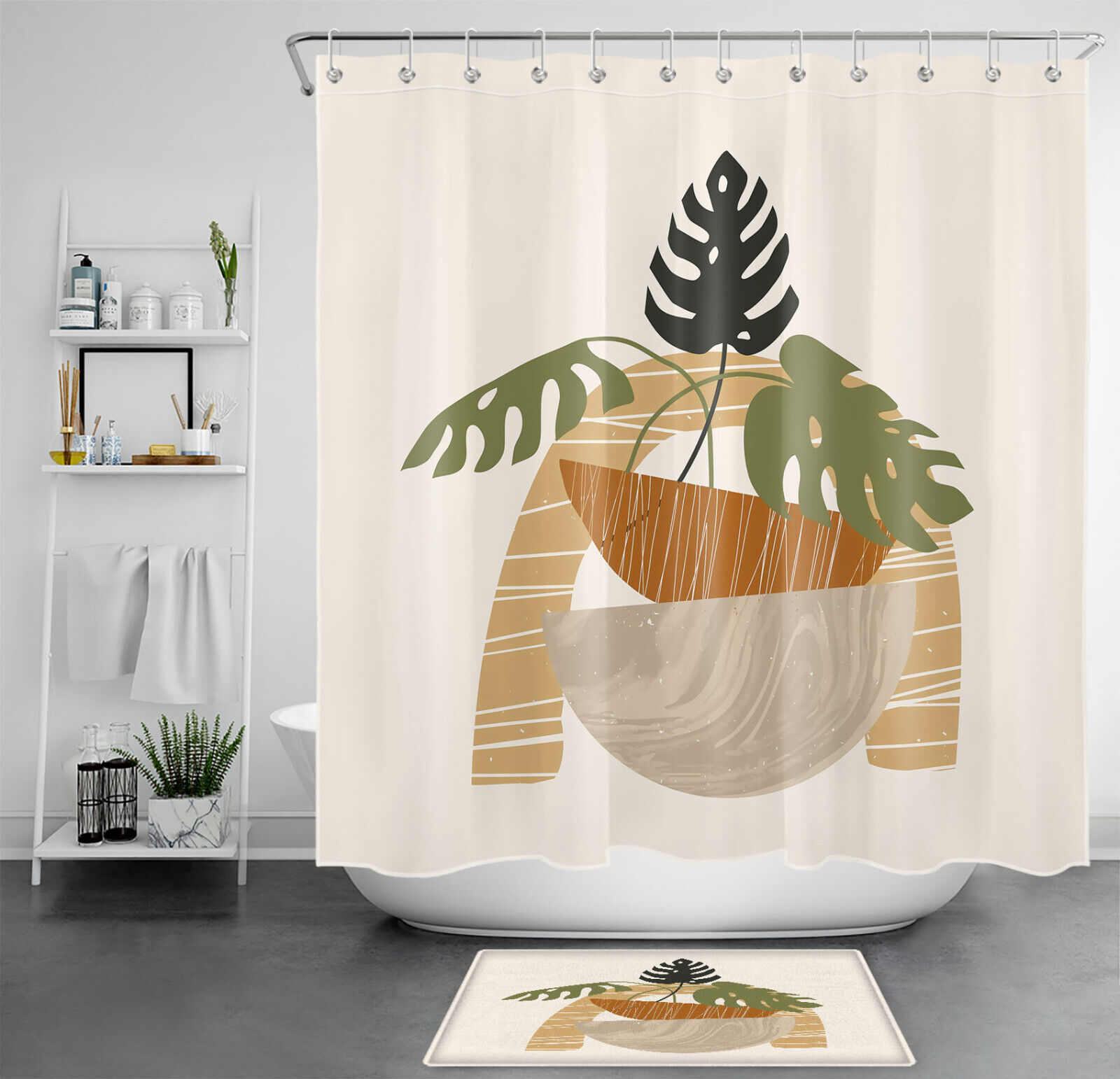 Geometric Pattern Monstera Mid-Century Style Shower Curtain for a Modern Bathroom Look