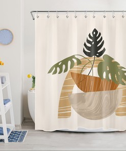 Geometric Pattern Monstera Mid-Century Style Shower Curtain for a Modern Bathroom Look