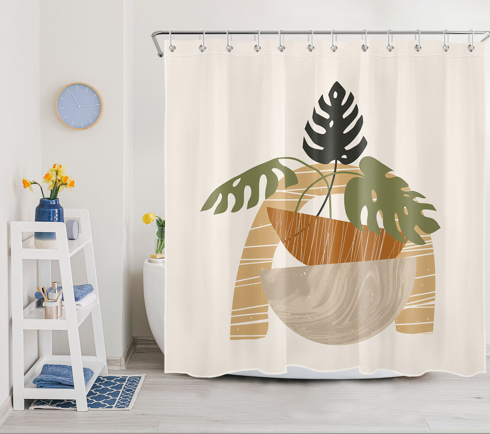 Geometric Pattern Monstera Mid-Century Style Shower Curtain for a Modern Bathroom Look