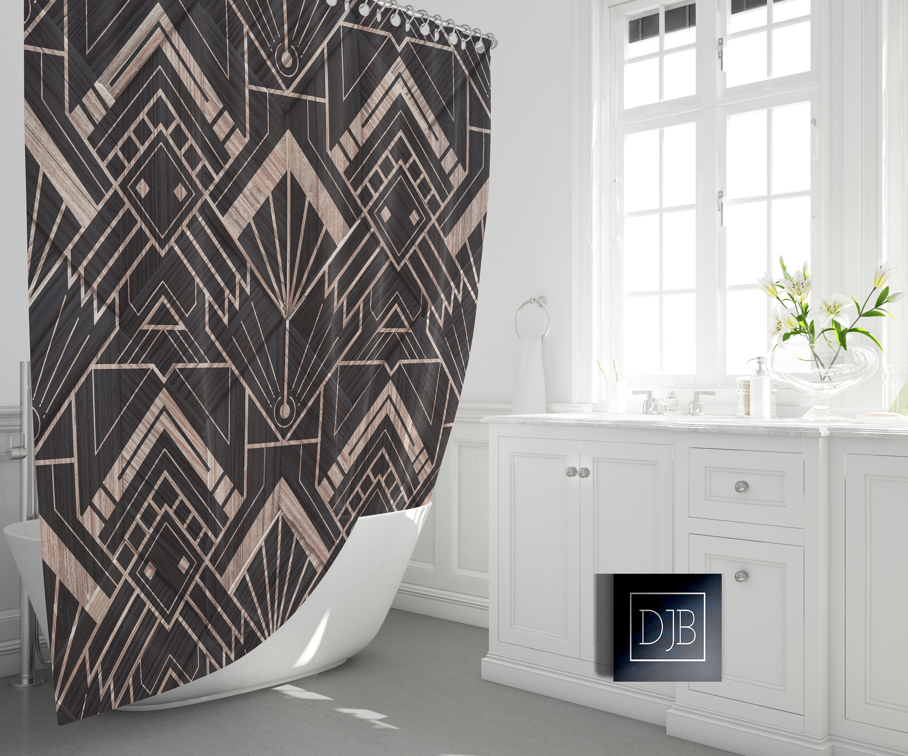 Geometric Pattern Print Shower Curtain for Modern Art Deco Bathroom Decor