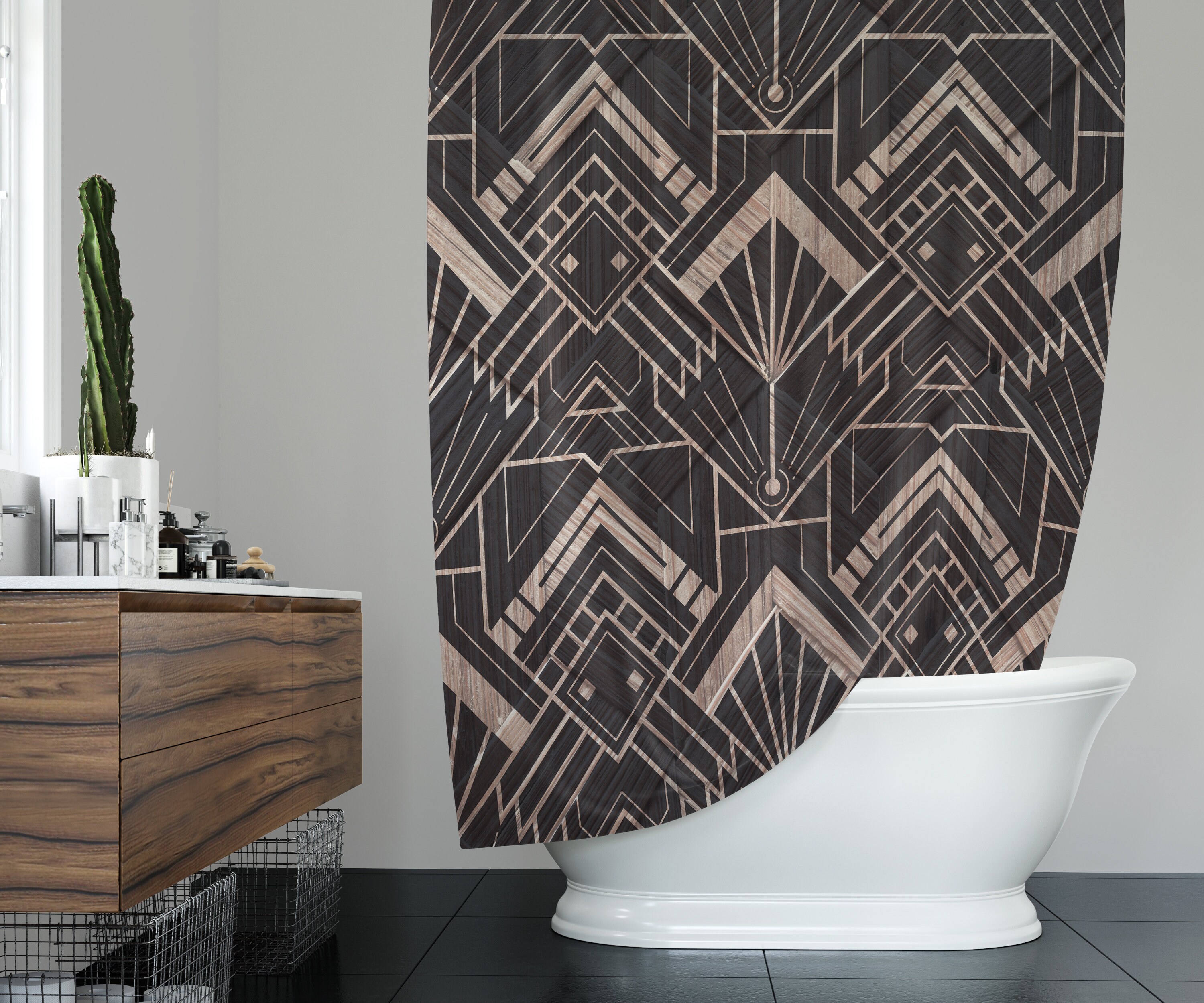 Geometric Pattern Print Shower Curtain for Modern Art Deco Bathroom Decor