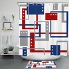 Geometric Pattern Shower Curtain with Red, Blue, and Gray for a Contemporary Bathroom Look