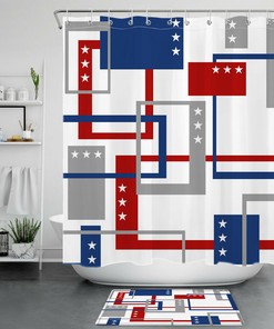 Geometric Pattern Shower Curtain with Red, Blue, and Gray for a Contemporary Bathroom Look
