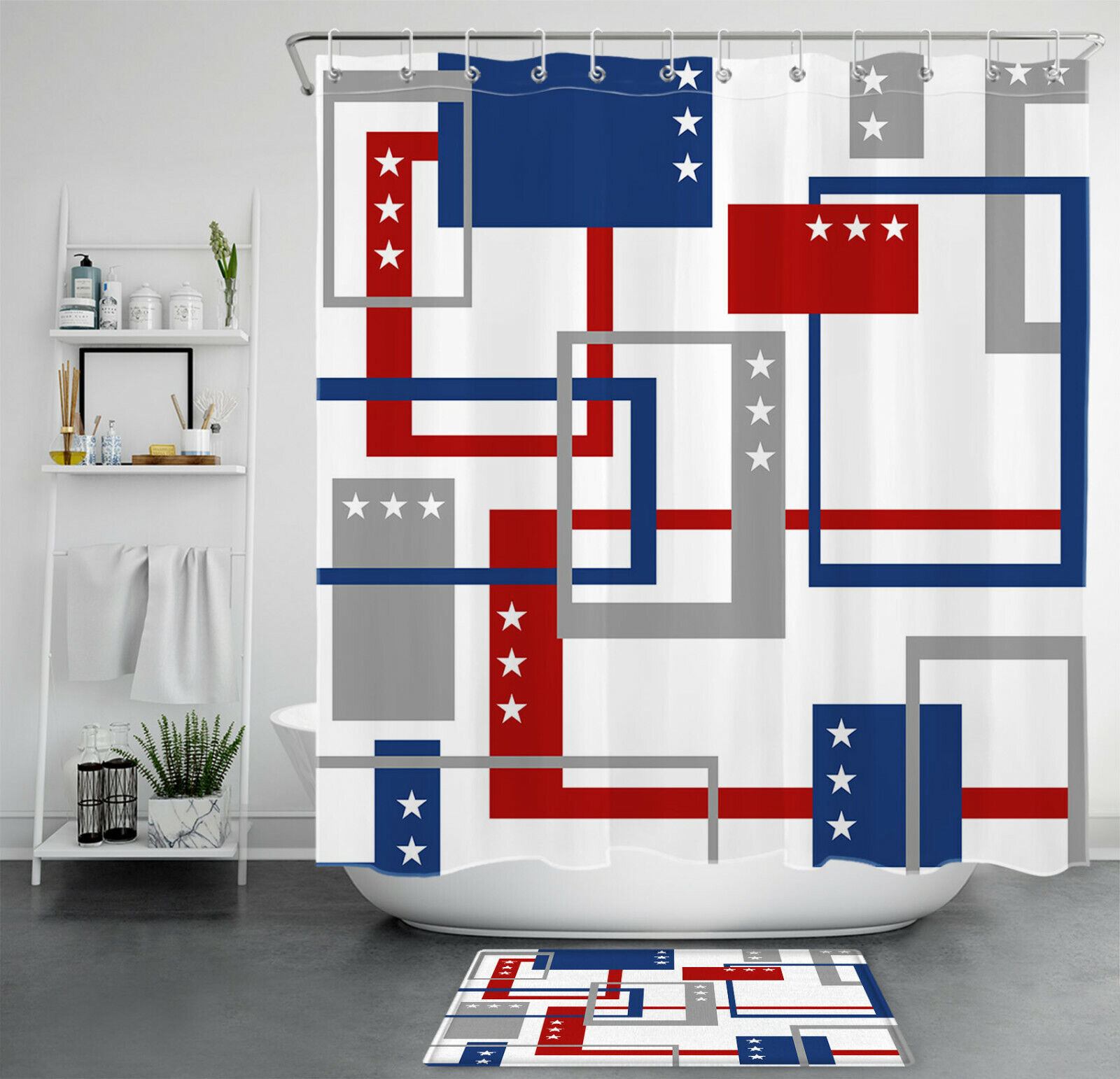 Geometric Pattern Shower Curtain with Red, Blue, and Gray for a Contemporary Bathroom Look