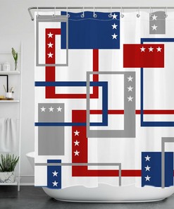 Geometric Pattern Shower Curtain with Red, Blue, and Gray for a Contemporary Bathroom Look