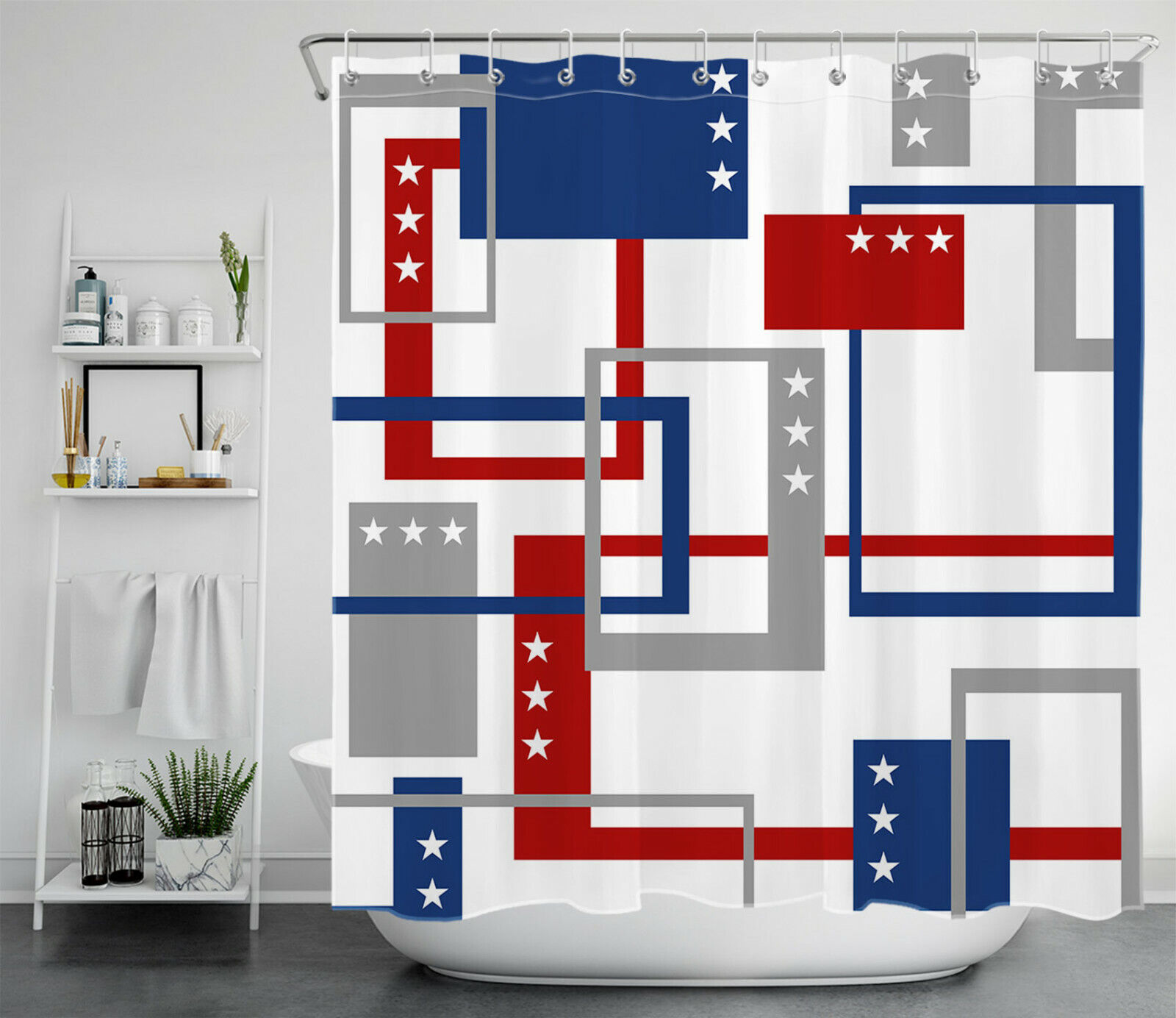 Geometric Pattern Shower Curtain with Red, Blue, and Gray for a Contemporary Bathroom Look