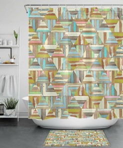 Geometric Pattern Wood Shower Curtain Rustic Farmhouse Bathroom Accessories
