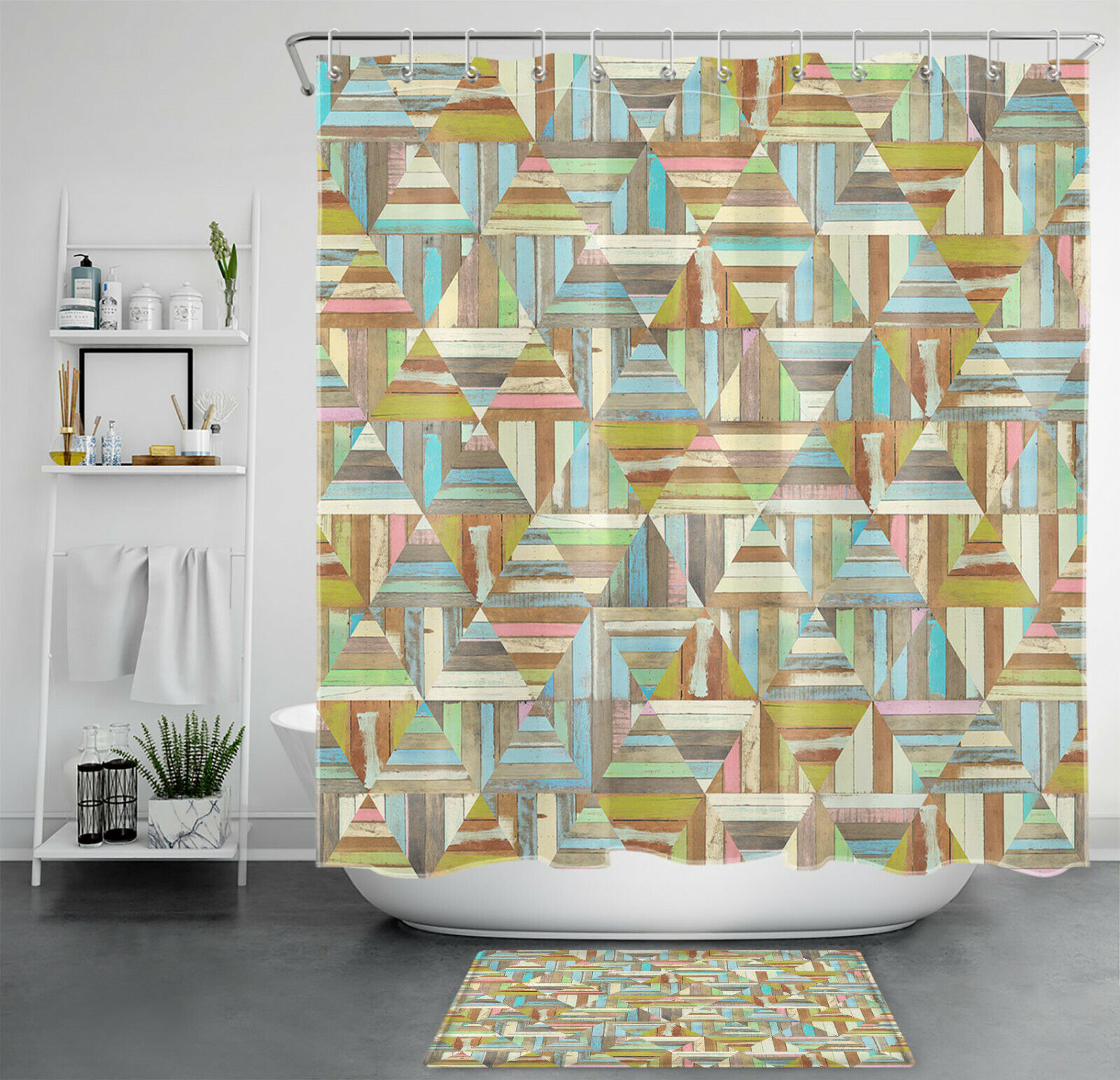 Geometric Pattern Wood Shower Curtain Rustic Farmhouse Bathroom Accessories