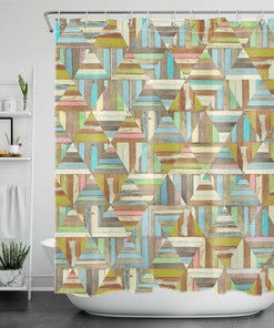 Geometric Pattern Wood Shower Curtain Rustic Farmhouse Bathroom Accessories