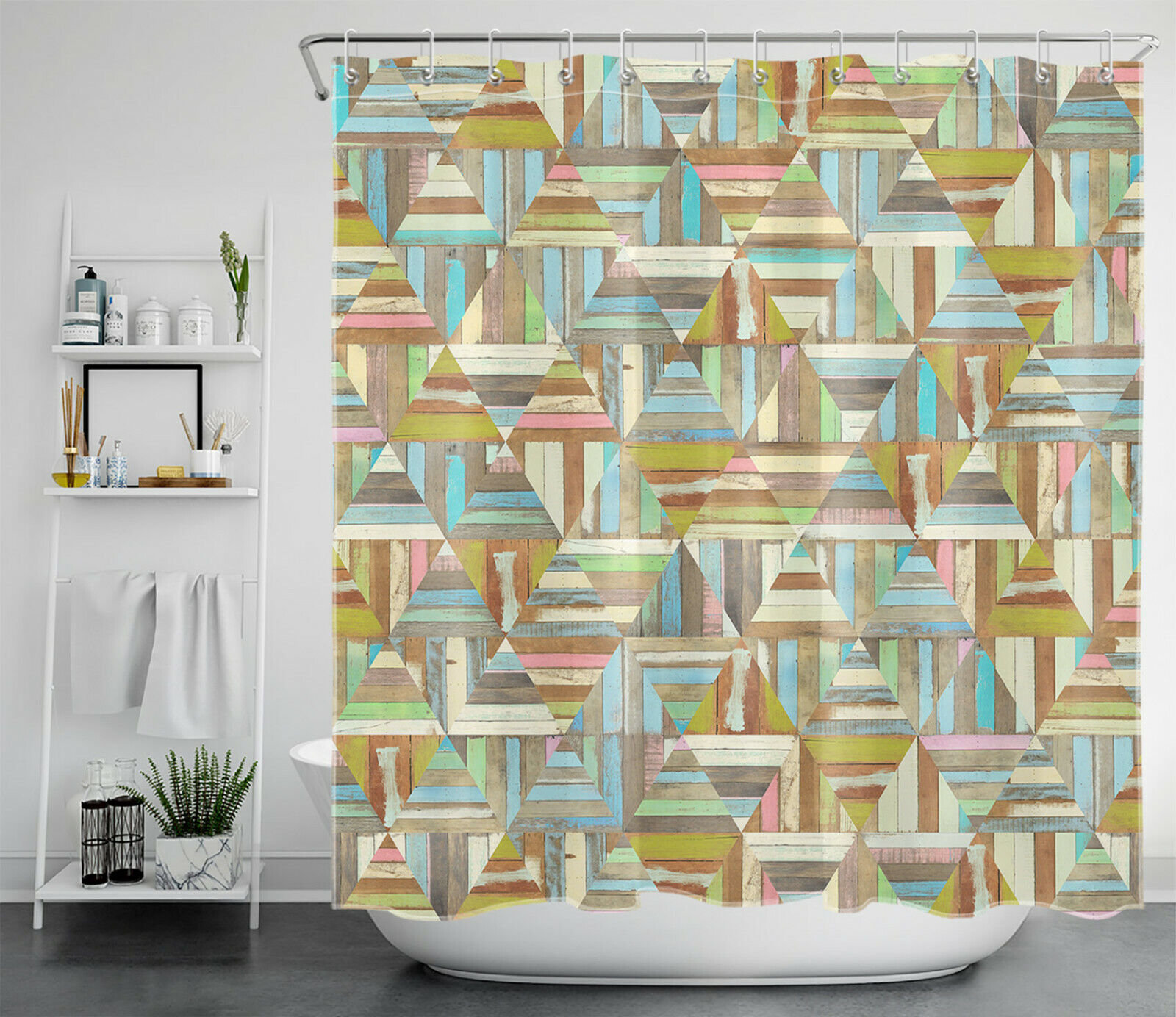 Geometric Pattern Wood Shower Curtain Rustic Farmhouse Bathroom Accessories