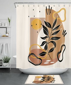 Geometric Print Shower Curtain - Black Leaf Abstract Pattern Bathroom Curtain